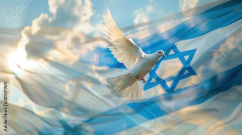 A white dove flying in the sky against the backdrop of the waving Israeli flag. Israel independence day photo