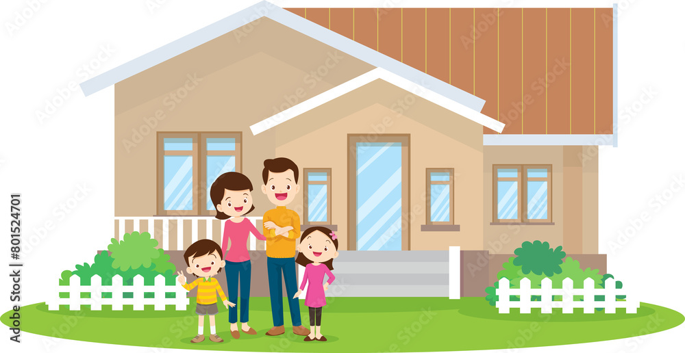 Happy big family standing with house ,rainbow Happy big family standing with house ,rainbow