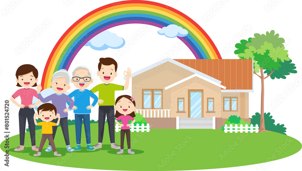 Happy big family standing with house ,rainbow Happy big family standing with house ,rainbow