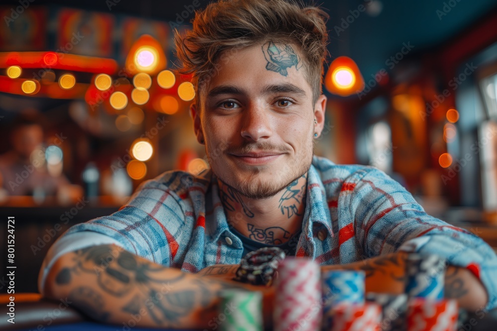 Tattooed man with poker chips at diner table
