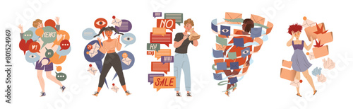 Information Stress with People Character Overload with Propaganda and Internet Social Media Fake News Vector Set