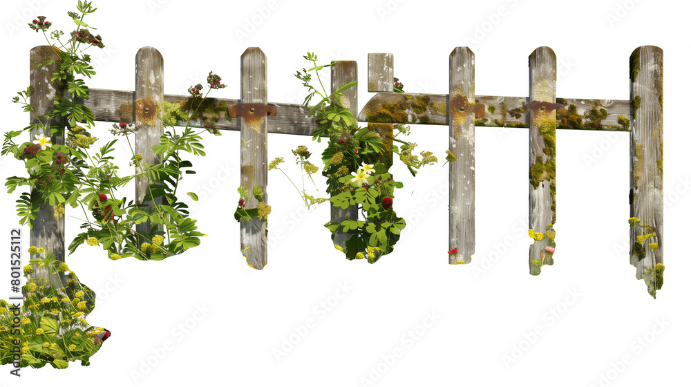 Obraz premium Wildflowers and creepers around an old wooden gate, isolated on transparent backgroun