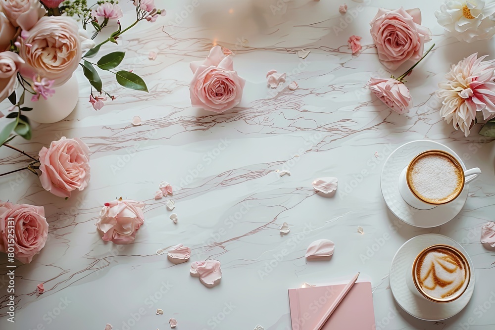 Flat lay table with a cup of coffee and a cup of tea, notebook, pen, surrounded by flowers rose and petals copy space Flat lay table with a cup of coffee and a cup of tea, notebook, pen, surrounded by flowers rose and petals copy space