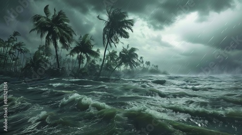 powerful hurricane winds and flooding devastate coastal island extreme weather disaster digital illustration photo