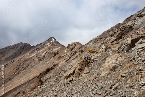 Landslide at Khardung La pass in Ladakh. High altitude road in North India. photo