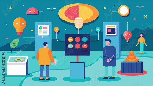 A section dedicated to learning about the history and stigma surrounding neurodiversity with interactive stations for dispelling common. Vector illustration