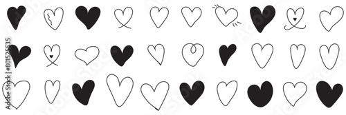 Doodle hearts sketch set. Various different hand drawn heart icon love collection isolated on white background. black heart symbol for Valentines Day. Vector illustration. EPS 10