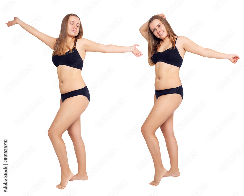 Collage of confident smiling woman posing in black underwear.