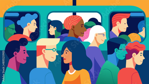 An image of a crowded train with people talking simultaneously illustrating the challenges of filtering out and processing multiple stimuli in a. Vector illustration