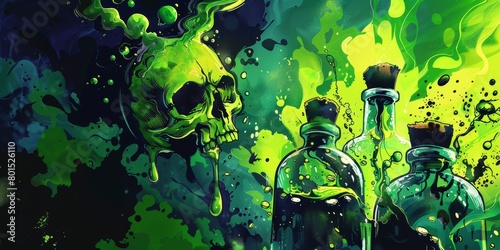 Painting featuring two bottles and a skull on a table