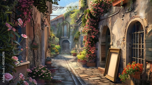 A quaint European alleyway  adorned with colorful blooms  as an empty frame hangs on weathered brick  inviting imagination