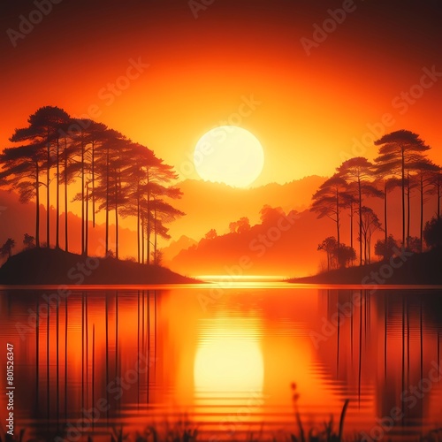 Sunset in a paradisiacal view with tree silhouettes photo