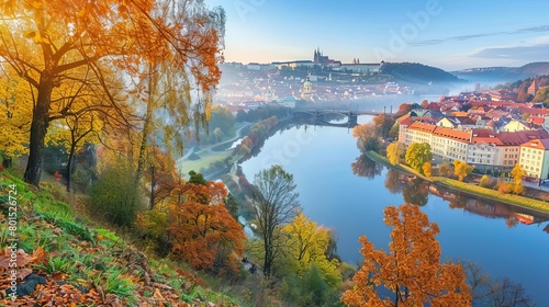 scenic autumnal landscape of vltava river in czech republic picturesque european destination photo