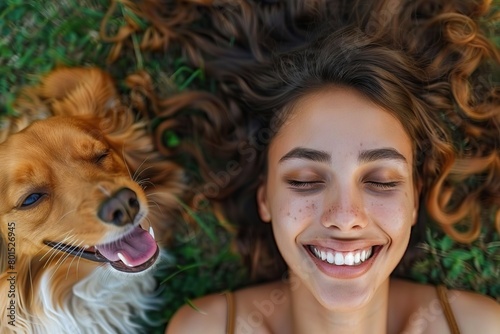 Unconditional Love Smiling Young Woman and Her Adorable Dog Cherishing a Moment of Bliss on a Lush Green Meadow
