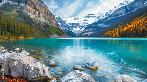 serene lake louise in banff national park turquoise waters and snowcapped mountains landscape photography © Bijac
