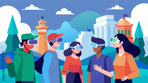 A group of tourists visiting historical landmarks their augmented reality headsets providing interactive information and immersive experiences..