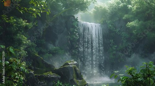 A secluded waterfall hidden deep within a verdant forest, with the misty spray enveloping a blank frame, hinting at untold stories