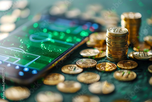 Bitcoins and the football field on the smartphone screen, betting on football with cryptocurrency photo