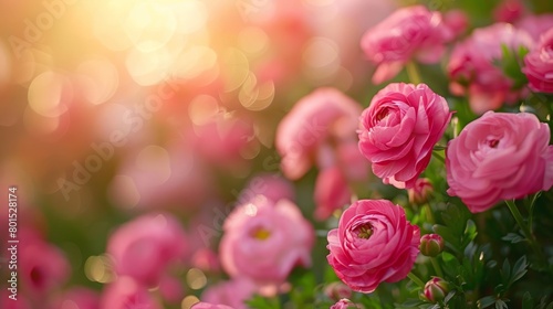  Pink flowers bloom, sun shines through leaves and petals