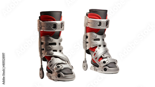 A pair of boots with wheels, one silver and one red, ready for fast-paced action