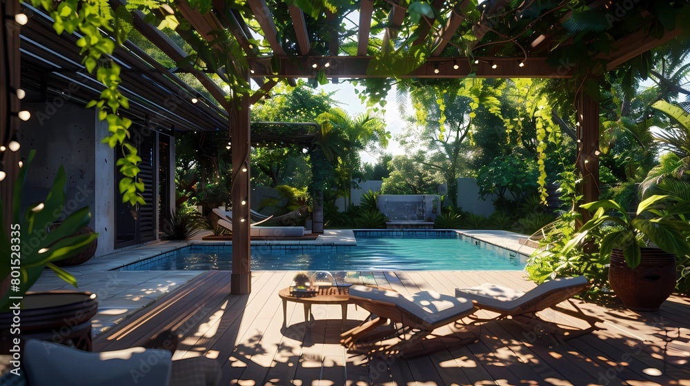 A contemporary outdoor lounge area furnished with sustainable teak furniture, shaded by a pergola adorned with climbing vines, overlooking a swimming pool heated by solar panels, and surrounded