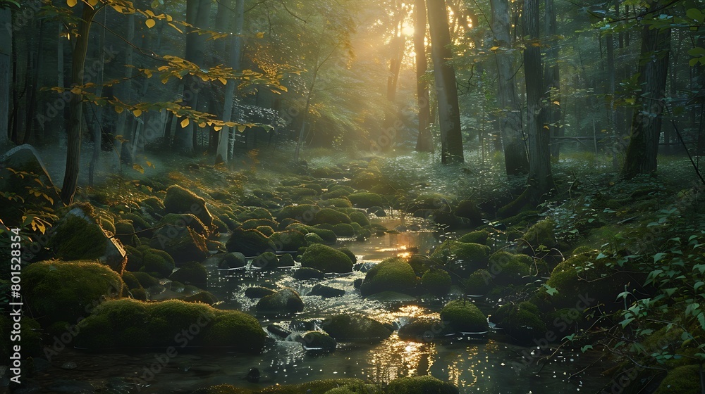 A serene woodland scene at dusk, where the last rays of sunlight filter through the dense foliage, casting a warm glow on the moss-covered rocks and tranquil stream below