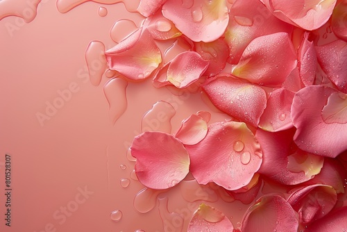 Beautiful rose petals in water on pink background  top view.