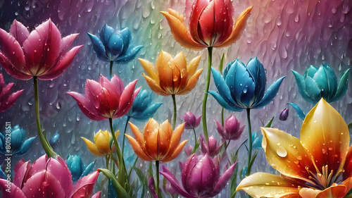 colorful multi-colored tulips with water drops on an abstract fractal background. bright flowers. illustration