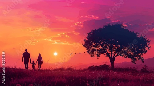 silhouette of african american family walking at pink purple sunset heartwarming landscape