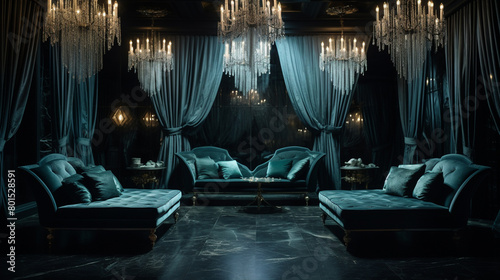 A hauntingly beautiful lounge area with velvet chaise lounges and shimmering curtains, illuminated by a crystal chandelier. photo
