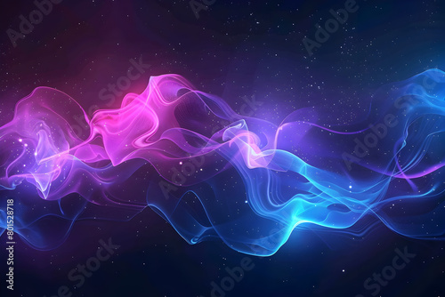 Futuristic neon galaxy with electric blue and purple glowing shapes. Captivating artwork on black background.