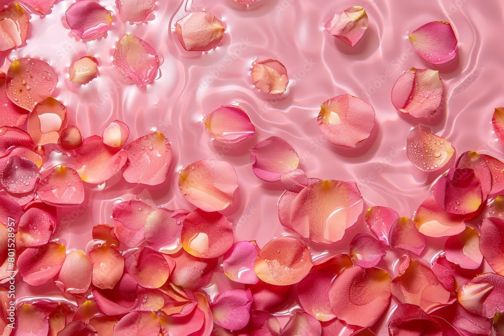 Beautiful rose petals in water on pink background, top view.
