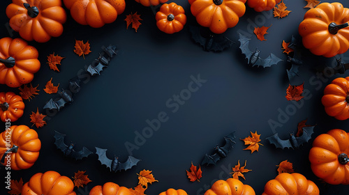 Happy Halloween. Party invitation banner or background with pumpkins and bats on a black background  space for text  top view.