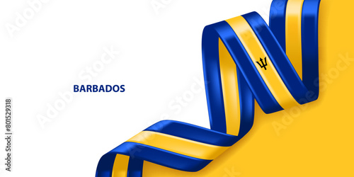 Barbados 3D ribbon flag. Bent waving 3D flag in colors of the Barbados national flag. National flag background design.
