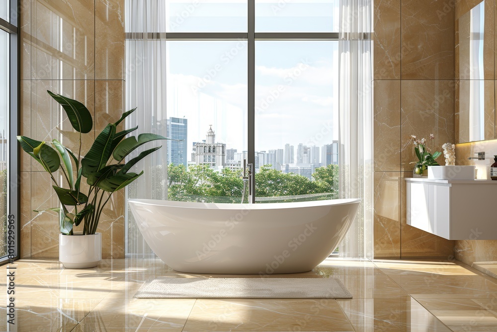 Beige hotel bathroom interior with tub, douche and panoramic window. Beige hotel bathroom interior with tub, douche and panoramic window.