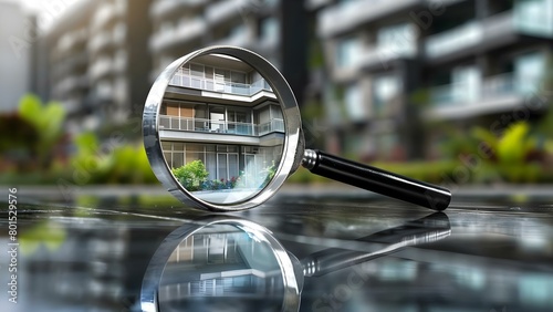 Searching for a rental property in housing market with magnifying glass near building. Concept Rental Property Search, Housing Market, Magnifying Glass, Building Rental, Property Hunt