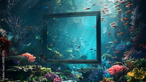 A surreal underwater world, where colorful coral reefs teem with exotic marine life, and a blank frame floats weightlessly, waiting to encapsulate the mysteries of the deep