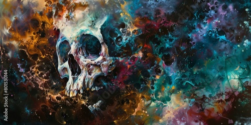 A painting of a skull against a vibrant, colorful backdrop