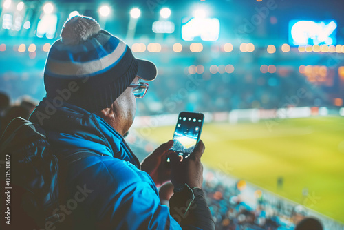 A man holds a smartphone at a football arena. 5G tech in sports