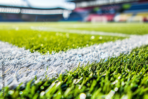 Soccer field with green grass and blurred background, selective focus