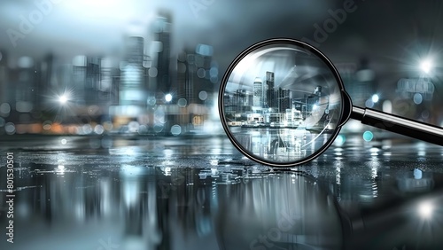 Using a magnifying glass to search for a rental property in the housing market near a building. Concept House Hunting  Rental Property Search  Magnifying Glass  Housing Market  Near Building