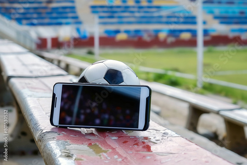 Soccer ball on the bench with smartphone in football stadium. Concept of live streaming of a soccer game online