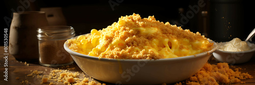 A creamy bowl of mac and cheese with crispy breadcrumbs. photo