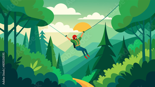 Ziplining through a lush green forest soaring above the trees and feeling a sense of exhilaration and connection with nature..
