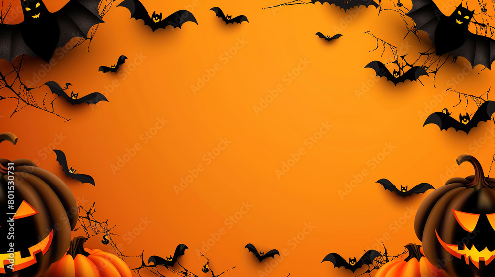Happy Halloween. Party invitation banner or background with pumpkins and bats on an orange background, space for text, top view.