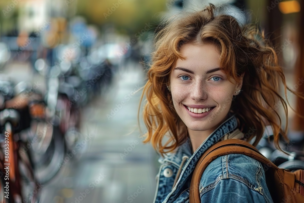 A Joyful Woman Pausing to Relish the Moment at a Bicycle Parking Station Amidst the City Bustle A Joyful Woman Pausing to Relish the Moment at a Bicycle Parking Station Amidst the City Bustle