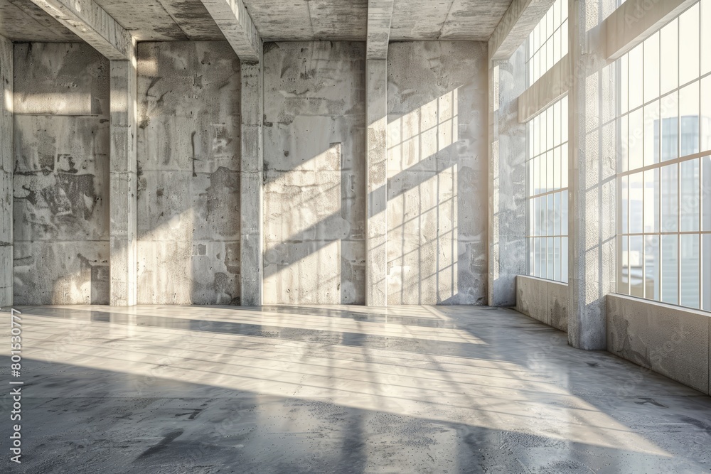 Bright empty concrete interior panoramic windows.