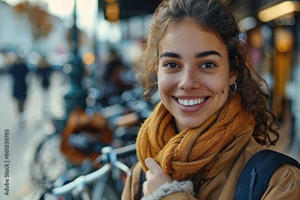 A Joyful Woman Pausing to Relish the Moment at a Bicycle Parking Station Amidst the City Bustle A Joyful Woman Pausing to Relish the Moment at a Bicycle Parking Station Amidst the City Bustle
