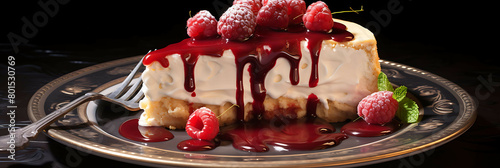 A decadent and rich plate of creamy cheesecake with strawberry sauce and whipped cream.