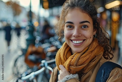 Wallpaper Mural A Joyful Woman Pausing to Relish the Moment at a Bicycle Parking Station Amidst the City Bustle Torontodigital.ca